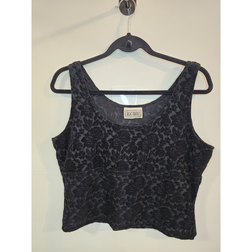 Vintage Ecru Black Velvet Floral‎ Tank Whimsigoth 90s Romantic Top Size Large